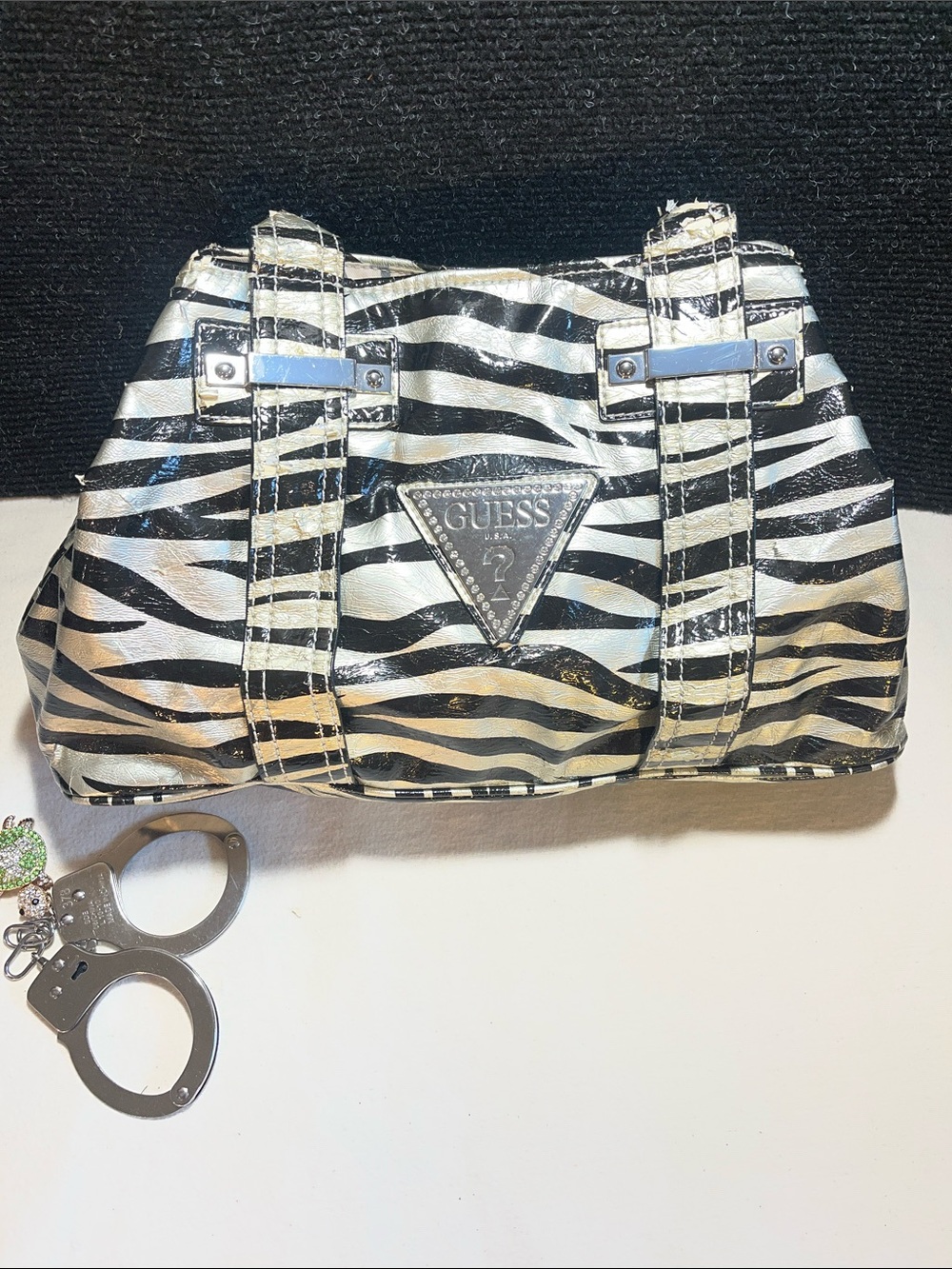 VINTAGE Y2K GUESS “Indie Sleeze”Black and White Zebra-Print Satchel (P42)